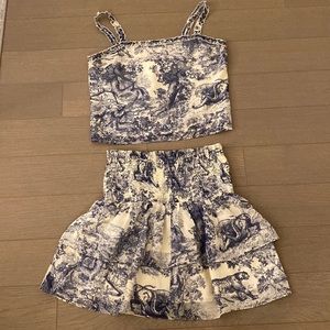 (Top & bottom sold together) Aqua toile print set blue & cream skirt/ tank set